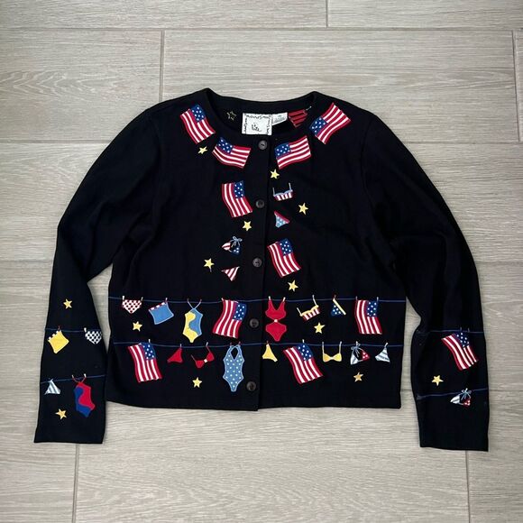 Michael Simon Sweaters - Michael Simon 4th of july summer american flag cardigan black embroidered art M